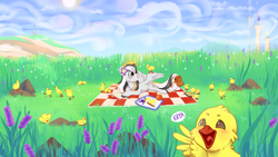Size: 4622x2600 | Tagged: safe, artist:always inspired by flying, imported from derpibooru, oc, oc only, oc:storm cloud river's, bird, dog, goose, pegasus, pony, cottagecore, cute, female, flower, flower in hair, freckles, full body, grass, grass field, heterochromia, hill, looking at someone, lying down, mare, multicolored mane, multicolored tail, pegasus oc, picnic, picnic blanket, reading, sky, spread wings, surprised, tail, tower, wind, wings