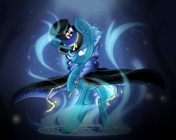 Size: 2472x1965 | Tagged: safe, artist:adelfrey, imported from derpibooru, oc, oc only, oc:wondermint, pony, unicorn, icey-verse, cape, clothes, commission, female, glowing, glowing horn, hat, horn, magic, magical lesbian spawn, mare, offspring, parent:minuette, parent:trixie, parents:minixie, playing card, raised hoof, solo, symbol, top hat, ych result