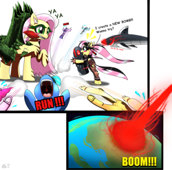 Size: 3138x3115 | Tagged: safe, artist:questionmarkdragon, imported from derpibooru, fluttershy, oc, oc:flutterozoa, pony, shark, explosion, missile, open mouth, raised hoof, running, scared