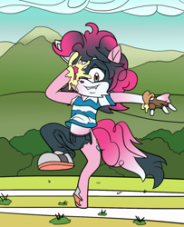 Size: 1030x1269 | Tagged: safe, artist:foxbeast, artist:palette-the-painter, imported from derpibooru, pinkie pie, oc, oc:palette painter, anthro, earth pony, pony, tanooki, buckball season, anthro to pony, buckball field, bush, clothes, clothing damage, cupcake, female, field, food, furry, furry oc, furry to pony, gloves, grass, male, male to female, mountain, pants, raccoon dog, rule 63, shirt, shoes, solo, transformation, transgender transformation