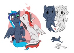 Size: 1368x980 | Tagged: safe, artist:anotherdeadrat, oc, oc only, pegasus, pony, blushing, eyes closed, female, heart, kiss on the cheek, kissing, mare, one eye closed, raised hoof, simple background, sitting, smiling, spread wings, white background, wings