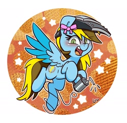 Size: 2120x2048 | Tagged: safe, artist:lou, oc, oc only, pegasus, pony, blushing, bow, female, hat, mare, open mouth, smiling, spread wings, wings