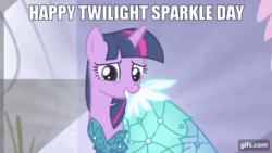 Size: 640x360 | Tagged: safe, edit, edited screencap, editor:quoterific, imported from derpibooru, screencap, twilight sparkle, alicorn, pony, canterlot boutique, season 5, animated, clothes, dress, female, gif, gifs.com, grin, mare, nervous, nervous grin, smiling, solo, text, twilight sparkle (alicorn), twilight sparkle day
