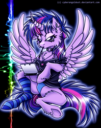 Size: 1111x1400 | Tagged: safe, artist:mechanakal, imported from derpibooru, twilight sparkle, alicorn, pony, 3ds, abstract background, annoyed, big eyelashes, black background, choker, clothes, curved horn, cutie mark accessory, cutie mark necklace, ear piercing, fluffy, game console, glow, horn, horn piercing, jewelry, mouth hold, necklace, nintendo, panties, piercing, shirt, signature, simple background, sitting, sock, socks, solo, spiky mane, spread wings, striped socks, style emulation, stylus, text, twilight sparkle (alicorn), underhoof, underwear, unshorn fetlocks, wings