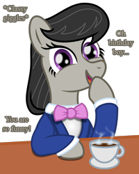Size: 800x1000 | Tagged: safe, artist:favitwink, imported from derpibooru, octavia melody, earth pony, pony, :d, animated, animated png, birthday, blinking, bowtie, bust, commission, cup, female, food, gift art, giggling, happy, hoof over mouth, looking at you, loop, mare, necktie, open mouth, open smile, perfect loop, plate, simple background, sitting, smiling, solo, steam, table, transparent background, your character here