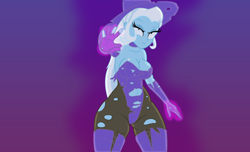 Size: 1590x966 | Tagged: safe, artist:fishsandwich, imported from derpibooru, trixie, equestria girls, big breasts, boots, breasts, cleavage, clothes, leotard, looking at you, magician outfit, pantyhose, shoes, socks, stockings, thigh boots, thigh highs, torn clothes, unamused