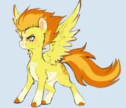 Size: 931x806 | Tagged: safe, artist:woollyart, imported from derpibooru, spitfire, pegasus, pony, alternate design, butt freckles, female, freckles, simple background, smiling, solo, spread wings, wings