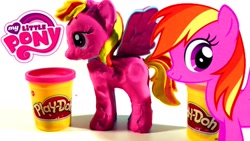 Size: 1280x720 | Tagged: safe, artist:play-doh world, imported from derpibooru, feathermay, pegasus, pony, cute, featherdorable, female, g4, logo, mare, multicolored hair, multicolored mane, multicolored tail, my little pony logo, play-doh, rainbow dash style salon, smiling, solo, tail, toy, youtube link