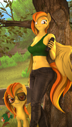 Size: 2160x3840 | Tagged: safe, artist:donglysfm, imported from derpibooru, spitfire, anthro, pegasus, 3d, abs, alternate hairstyle, anthro ponidox, aviator sunglasses, clothes, denim, jeans, looking at you, midriff, outdoors, pants, revamped anthros, self paradox, self ponidox, source filmmaker, source filmmaker resource, sunglasses, tree, water bottle, watermark