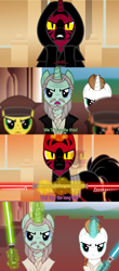 Size: 1280x2908 | Tagged: safe, artist:mlpjediqui-gon, imported from derpibooru, oc, oc:qui-ll song, pony, unicorn, zabrak, zebra, comic, darth maul, jedi, lightsaber, naboo, obi wan kenobi, obi-wan kenobi, qui-gon jinn, quill, scenery, sith, star wars, star wars: the phantom menace, this will end in death, vector, weapon, wounded warriors