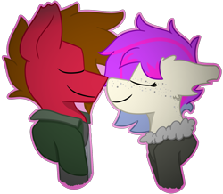 Size: 1775x1550 | Tagged: safe, artist:grandfinaleart, imported from derpibooru, oc, oc only, oc:grand finale, oc:molars, pegasus, pony, fallout equestria, blue hair, blue mane, bomber jacket, boop, brown hair, brown mane, bust, clothes, couple, dating, digital art, duo, duo male and female, facial hair, female, goatee, jacket, male, mare, noseboop, pegasus oc, pink hair, pink mane, portrait, purple hair, purple mane, red fur, shirt, simple background, smiling, stallion, torn ear, transparent background