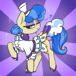 Size: 3000x3000 | Tagged: safe, artist:t72b, imported from derpibooru, sapphire shores, earth pony, pony, clothes, eyeshadow, female, hat, looking back, makeup, mare, one eye closed, raised hoof, raised tail, shoes, simple background, sparkles, sunburst background, tail, wink