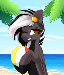 Size: 1700x2000 | Tagged: safe, artist:rinteen, imported from derpibooru, oc, oc only, oc:zephyrai, pegasus, pony, accessory, beach, beach ball, black and white, black and white mane, blue sky, cloud, colored belly, commission, dark belly, daytime, folded wings, gray coat, grayscale, grin, mane, monochrome, ocean, on head, one eye closed, palm tree, pin, sand, simple background, sky, smiling, solo, standing, teeth, tree, vacation, water, wings, wink, ych result, yellow eyes, your character here