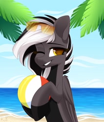 Size: 1700x2000 | Tagged: safe, alternate version, artist:rinteen, imported from derpibooru, oc, oc only, oc:zephyrai, pegasus, pony, accessory, beach, beach ball, black and white, black and white mane, blue sky, cloud, colored belly, commission, dark belly, daytime, folded wings, glasses, gray coat, grayscale, grin, mane, monochrome, ocean, on head, one eye closed, palm tree, sand, simple background, sky, smiling, solo, standing, sunglasses, sunglasses on head, teeth, tree, vacation, water, wings, wink, ych result, yellow eyes, your character here