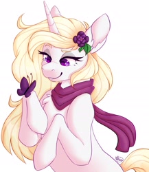 Size: 2000x2300 | Tagged: safe, artist:mxiiisy, imported from derpibooru, oc, oc only, oc:winter, oc:winthria siriusa, butterfly, pony, unicorn, accessory, blonde, blonde hair, blonde mane, blonde tail, clothes, eyelashes, eyeshadow, flower, flower in hair, halfbody, hooves, horn, long hair, long mane, makeup, purple eyes, scarf, smiling, smirk, solo, tail, white coat, wintherai