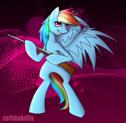 Size: 1800x1749 | Tagged: safe, artist:zeffdakilla, imported from derpibooru, rainbow dash, pegasus, pony, abstract background, bipedal, gun, looking at you, smiling, solo, spread wings, standing, weapon, wings