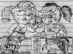 Size: 1280x959 | Tagged: safe, artist:ct1443ae, imported from derpibooru, rainbow dash, rarity, pegasus, semi-anthro, unicorn, boxing, boxing gloves, boxing ring, lined paper, mouth guard, open mouth, pencil drawing, sports, traditional art, uppercut