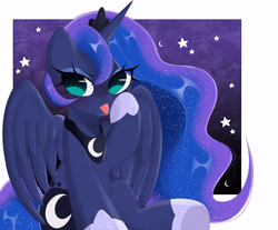 Size: 7868x6500 | Tagged: safe, artist:arwencuack, imported from derpibooru, princess luna, alicorn, pony, commission, crown, ethereal mane, female, jewelry, looking at you, mare, moon, no pupils, passepartout, raised hoof, regalia, sitting, solo, starry mane, stars, tongue out
