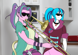 Size: 1400x1000 | Tagged: safe, artist:m@k, imported from derpibooru, aria blaze, sonata dusk, equestria girls, musical instrument, sunglasses, trombone, vine video, when mama isn't home