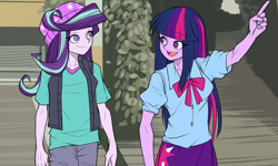 Size: 2000x1200 | Tagged: safe, artist:m@k, imported from derpibooru, starlight glimmer, twilight sparkle, equestria girls, beanie, duo, female, hanging out, hat
