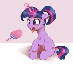 Size: 2048x2048 | Tagged: source needed, safe, artist:fgcfghv, imported from derpibooru, twilight sparkle, pony, unicorn, alternate hairstyle, floppy ears, glowing, glowing horn, hand fan, horn, hot, magic, open mouth, ponytail, sitting, solo, sweat, telekinesis, tongue out, unicorn twilight