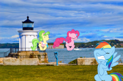 Size: 2048x1362 | Tagged: safe, artist:luckreza8, artist:mlplover94, imported from derpibooru, chickadee, ms. peachbottom, pinkie pie, rainbow dash, earth pony, pegasus, pony, facehoof, female, irl, jumping, lighthouse, maine, mare, photo, ponies in real life, south portland, story included