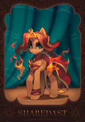 Size: 1431x2048 | Tagged: safe, artist:share dast, imported from derpibooru, sunset shimmer, pony, unicorn, equestria girls, female, fiery shimmer, fire, horn, looking at you, mare, solo, sunset cosplay flashmob