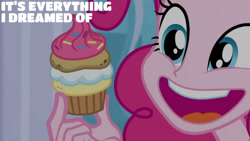 Size: 1280x720 | Tagged: safe, edit, edited screencap, editor:quoterific, imported from derpibooru, screencap, pinkie pie, human, equestria girls, equestria girls series, super squad goals, cupcake, cute, diapinkes, female, food, open mouth, open smile, smiling, solo, text