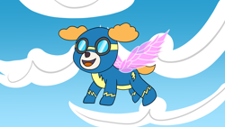 Size: 1920x1080 | Tagged: safe, artist:platinumdrop, imported from derpibooru, dog, clothes, crossover, paw patrol, request, skye (paw patrol), solo, uniform, wings, wonderbolts, wonderbolts uniform