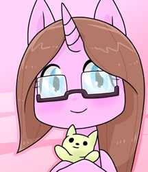 Size: 640x740 | Tagged: safe, artist:batipin, imported from derpibooru, oc, oc only, pony, unicorn, bust, doll, female, glasses, horn, looking at you, mare, pink background, portrait, simple background, smiling, smiling at you, solo, toy