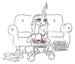 Size: 557x478 | Tagged: safe, artist:jargon scott, imported from derpibooru, queen chrysalis, changeling, changeling queen, black and white, eating, female, food, fork, grayscale, lineart, monochrome, partial color, simple background, sitting, solo, tv dinner, white background