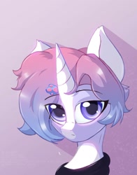 Size: 1403x1793 | Tagged: safe, artist:rainydark, imported from derpibooru, oc, oc only, pony, unicorn, cute, digital art, female, gift art, horn, looking at you, purple background, simple background, solo, unicorn oc