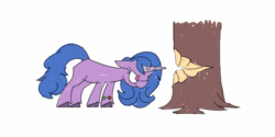 Size: 900x450 | Tagged: safe, artist:gor1ck, edit, imported from derpibooru, izzy moonbow, pony, unicorn, animated, aniwat, behaving like a bird, g5, gif, izzy impaling things, majestic as fuck, payback, role reversal, simple background, solo, tree, wat, white background