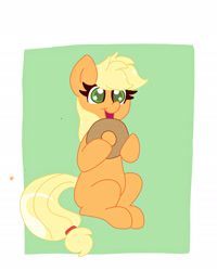 Size: 1882x2352 | Tagged: safe, artist:cinematic-fawn, imported from derpibooru, applejack, earth pony, pony, cute, donut, food, hatless, jackabetes, missing accessory, open mouth, open smile, smiling, solo, starry eyes, wingding eyes