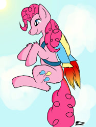 Size: 1200x1600 | Tagged: safe, artist:roomble, imported from derpibooru, pinkie pie, earth pony, flying, happy, jetpack, sky, sky background