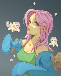 Size: 1440x1800 | Tagged: safe, artist:rainbowsherbs, imported from derpibooru, fluttershy, human, pegasus, pony, bare shoulders, breasts, busty fluttershy, cleavage, clothes, female, gray background, humanized, mare, off shoulder, pony coloring, simple background, solo, winged humanization, wings