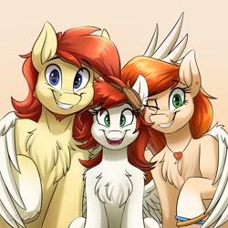 Size: 3100x3100 | Tagged: safe, artist:kaylerustone, imported from derpibooru, oc, oc only, oc:amity starfall, oc:crimson starfall, oc:render point, pegasus, pony, brother and sister, chest fluff, ear piercing, earring, family, family photo, father and child, father and daughter, female, hug, jewelry, looking at you, male, mare, mother and child, mother and daughter, mother and son, necklace, one eye closed, open mouth, open smile, piercing, raised hoof, siblings, simple background, smiling, socks (coat marking), spread wings, stallion, unshorn fetlocks, winghug, wings, wink