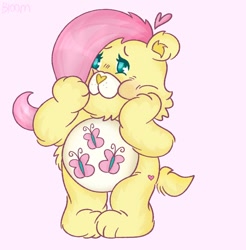 Size: 800x812 | Tagged: safe, artist:bloommoonbeam, imported from derpibooru, fluttershy, bear, alternate universe, bearified, blue eyes, care bears, crossover, cute, female, flutterbear, pink hair, shyabetes, solo, species swap, yellow fur