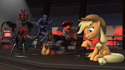 Size: 3840x2160 | Tagged: safe, artist:botxs, imported from derpibooru, applejack, earth pony, human, pony, 3d, engineer, grin, sentry, smiling, source filmmaker, spy, team fortress 2, thumbs up