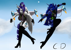 Size: 1280x905 | Tagged: safe, artist:baliniosnow, imported from derpibooru, princess luna, rarity, alicorn, anthro, alicornified, boots, clothes, duo, duo female, female, flying, jetpack, leotard, race swap, raricorn, shoes, sky, sky background, thigh boots