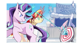 Size: 1884x1075 | Tagged: safe, artist:fan_silversol, imported from derpibooru, starlight glimmer, sunset shimmer, pony, unicorn, equestria girls, blast, duo, magic, magic beam, magic blast, target