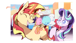 Size: 1884x1075 | Tagged: safe, artist:fan_silversol, imported from derpibooru, starlight glimmer, sunset shimmer, pony, unicorn, equestria girls, cotton candy, duo, food, ice cream, magic, telekinesis