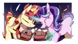 Size: 1884x1075 | Tagged: safe, artist:fan_silversol, imported from derpibooru, starlight glimmer, sunset shimmer, pony, unicorn, equestria girls, glowing, glowing horn, horn, magic, telekinesis