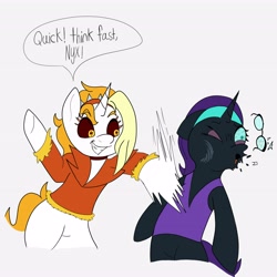 Size: 4096x4096 | Tagged: safe, artist:sprinkle-tits, imported from derpibooru, oc, oc only, oc:dyx, oc:nyx, alicorn, pony, abuse, bipedal, broken teeth, dialogue, duo, female, filly, foal, gray background, grin, nyxabuse, punch, siblings, simple background, sisters, smiling, speech bubble, think fast