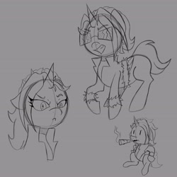 Size: 4096x4096 | Tagged: safe, artist:sprinkle-tits, imported from derpibooru, oc, oc only, oc:dyx, alicorn, pony, alicorn oc, cigar, female, filly, foal, frown, grayscale, grin, horn, monochrome, sketch, smiling, smoking, solo, sunglasses, wings