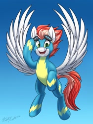 Size: 1542x2048 | Tagged: safe, artist:kaylerustone, imported from derpibooru, oc, oc only, oc:swift apex, pegasus, pony, clothes, commission, flying, looking at you, male, smiling, spread wings, stallion, uniform, wings, wonderbolts uniform