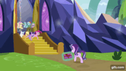 Size: 640x360 | Tagged: safe, imported from derpibooru, screencap, applejack, fluttershy, pinkie pie, rainbow dash, rarity, spike, starlight glimmer, twilight sparkle, alicorn, dragon, earth pony, pegasus, pony, unicorn, season 9, the last problem, spoiler:s09, animated, applejack's hat, cowboy hat, female, flying, gif, gifs.com, hat, magic, male, mane seven, mane six, mare, nose in the air, running, spinning, spread wings, telekinesis, twilight sparkle (alicorn), twilight's castle, winged spike, wings