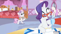 Size: 640x360 | Tagged: safe, imported from derpibooru, screencap, rarity, sweetie belle, pony, unicorn, for whom the sweetie belle toils, season 4, ^^, animated, bipedal, carousel boutique, cute, diasweetes, duo, duo female, eyes closed, female, filly, foal, gif, gifs.com, glasses, mannequin, mare, open mouth, open smile, rarity's glasses, smiling