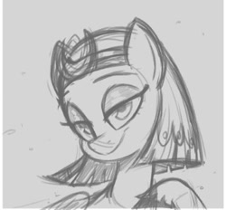 Size: 372x345 | Tagged: safe, artist:fanzeem, imported from derpibooru, somnambula, pegasus, pony, female, gray background, grayscale, lidded eyes, looking at you, mare, monochrome, simple background, sketch, solo, wip