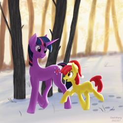 Size: 2600x2600 | Tagged: safe, artist:dash wang, imported from derpibooru, apple bloom, twilight sparkle, earth pony, pony, unicorn, blank flank, clothes, duo, duo female, female, forest, hat, santa hat, snow, unicorn twilight, walking